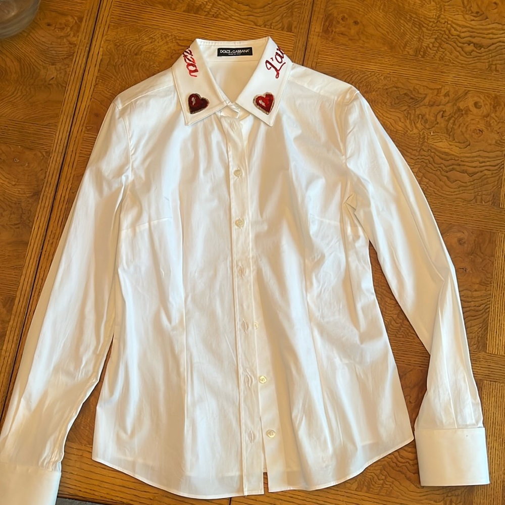 Dolce & Gabbana White Shirt with Red Heart Embroidery